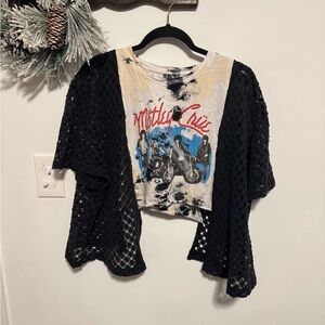 Custom Motley Crue Graphic Tee with Black Crochet Sleeves Crop Top
